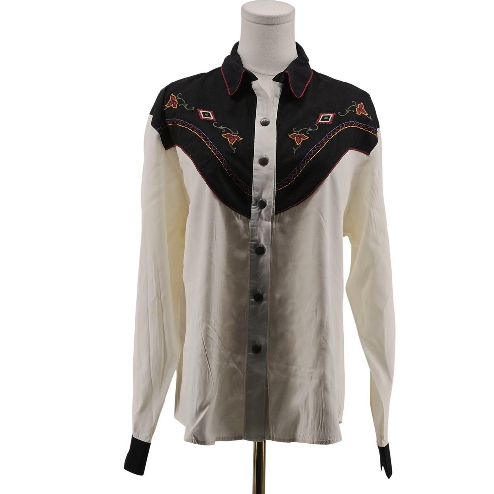 Vintage Roper Button-Up Womens M White‎ Embroidered Western Snap Long Sleeve